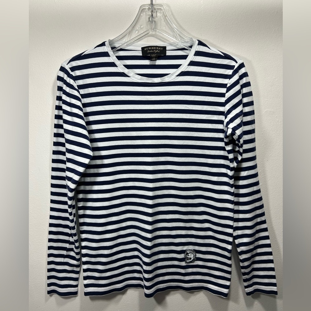 Burberry Women Nautical Navy/ White Stripe Long Sleeve Crewneck Cotton Tee Sz XS